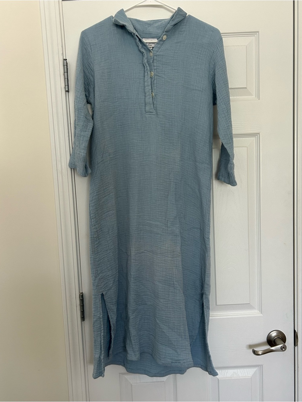 Holly Shae 100% cotton Light Blue Maxi Gauze Henley Dress with Side Slits